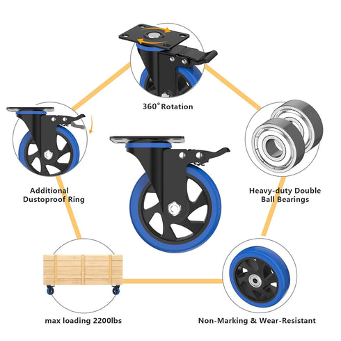 4'' Heavy Duty Caster Wheels Set of 4 with Brake, Industrial Locking Swivel Top Plate Casters for Furniture