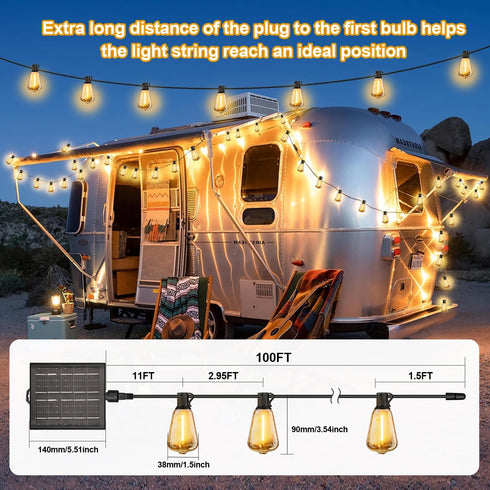 100FT ST38 Bulbs, Solar String Lights Outdoor Waterproof with Remote & Timer, LED Shatterproof USB & Solar Powered