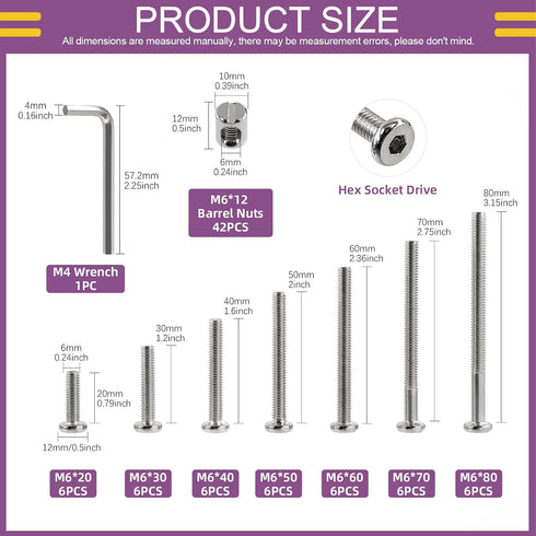 Swpeet 85Pcs M6 20/30/40/50/60/70/80mm 1Pc Nickel Plated Screws Kit, Hex Socket Head Cap Crib Baby Bed Bolt and Barrel