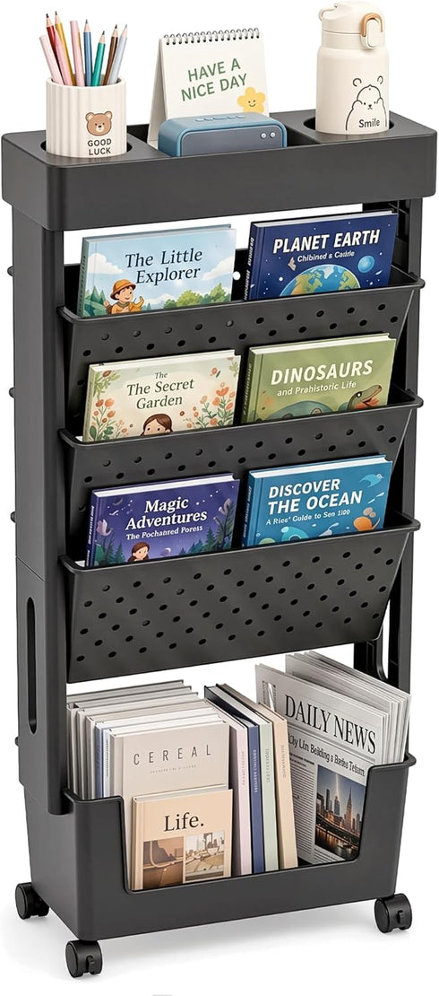 BYFU 5-Tier Movable Bookshelf Cart, Rolling File Paper Storage Organizer Mobile Bookcase