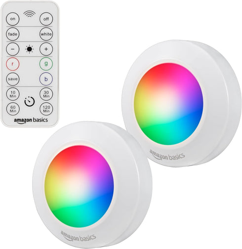 Amazon Basics LED Puck Lights, Color Changing, Battery Operated, IR Remote, 40