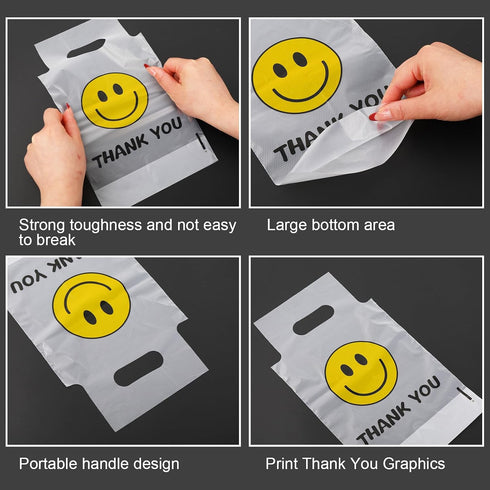 1000 Count 1 Packaging 11 6.3 Inch Whaline Thank You Handle Drink Bags Cup Smile Face Plastic Poly Bag Carriers