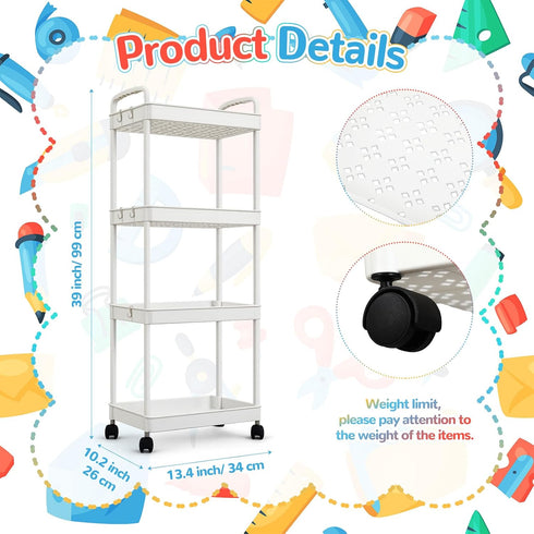 4 Tier Classroom Rolling Cart Storage Utility Cart with Handle Hook, Monster Value Cards and Adhesive Dots Movable