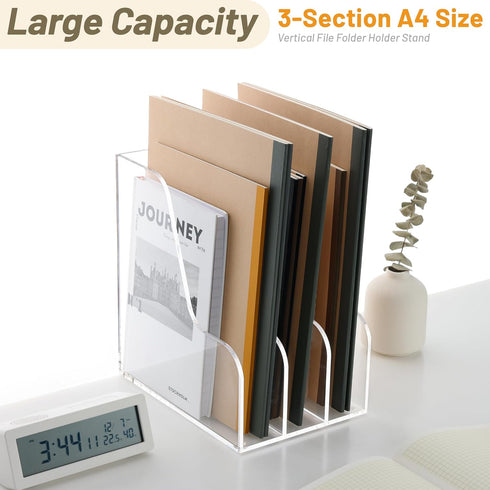 SANRUI Desk Organizer, Acrylic Magazine File Holder with 3 Vertical Compartments, Clear File Sorter for Office Home