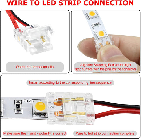 LightingWill 10 PCS 2Pin 8mm LED Connectors, Transparent Solderless Pigtail Connector for COB/SMD 2835 3528 LED Strips