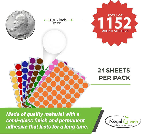 Royal Green Color Coding Labels - 5/8 Diameter Round Label Stickers in 24 Colors, 1152 Pack