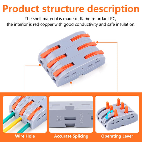 Zhushan 60PCS Compact Lever Wire Connector Nuts Set, 1 to 1 Inline Quick Terminal Block