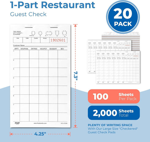 (2000 20 100 FMP Brands Sheets) Server Note Pads Paper, Guest Check for Servers, Guest Check Pads, Order Pads