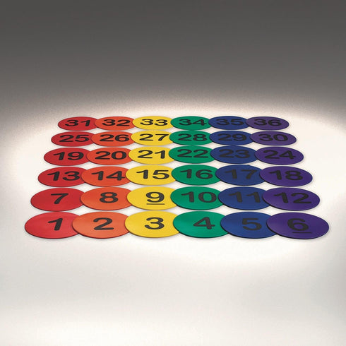 5" Pack 36. S&S Worldwide Spectrum Numbered, Anti-Skid, Soft Round Vinyl Spot Markers for PE / Gym Classes, Class Room