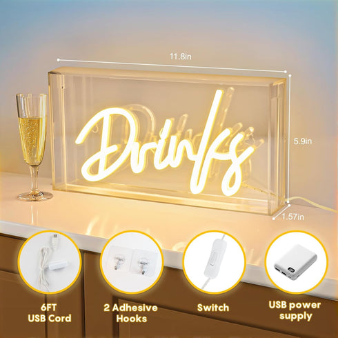 Drinks Neon Sign, Drinks Signs USB LED Desk Lightbox with ON/OFF Switch, Light Up Sign for Table Decor, Home Bar