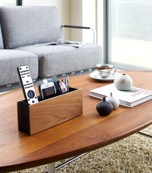 Yamazaki Home Caddy Desk Organizer, TV Remote Control and Pen Holder, Small Steel + Wood, Walnut
