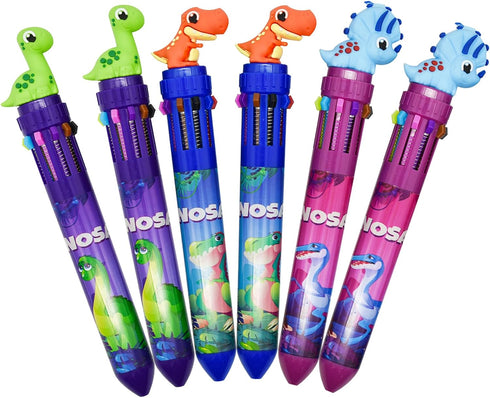 Maydahui 6 Pcs 10-in-1 Multicolor Dinosaur Pens, 10 Colors Shuttle Retractable Ballpoint Pens Fun Cartoon Dino Print