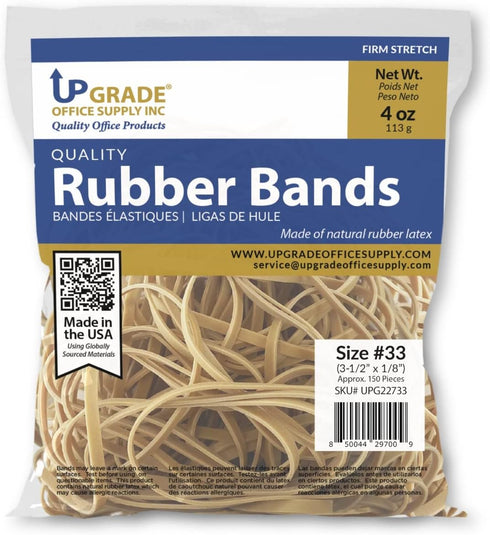 Upgrade Office Supply UPG22733 Rubber Bands - Size #33 (3-1/2 x 1/8") Natural Crepe, Made in USA (4 Oz Bag)