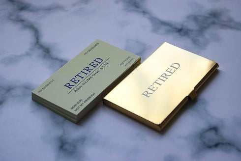 RXBC2011 Retired Business Cards, Funny Retirement Gift Pack of 50 with Gold Mirror Stainless Steel Case
