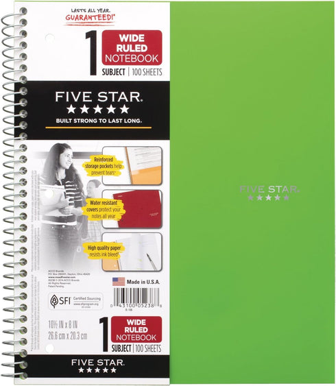 Five Star Spiral Notebooks, 1 Subject, Wide Ruled Paper, 100 Sheets, 10-1/2" x 8", Gray, Lime, 2 Pack