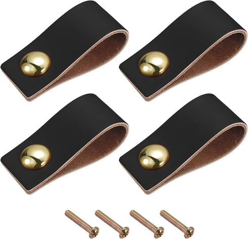 uxcell Leather Drawer Pulls, 2.5" 4Pcs Black/Gold Leather Furniture Handles with Screws for Cabinet Doors, Dressers