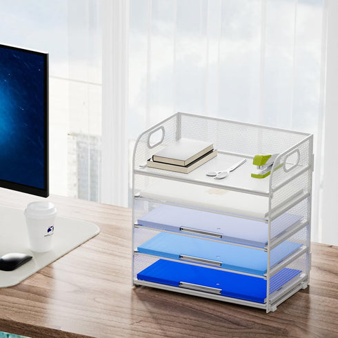 Marbrasse Paper Organizer Letter Tray, 5 Tier Mesh File Organizer with Handle for Home Office Supplies - White