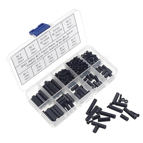 280PCS M2.5 Female-Female Nylon Hex Spacers, Standoffs Screws Nuts Assorted Kit (Black)