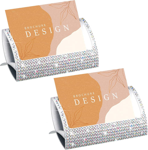 Fuutreo 2 Pcs Bling Aluminum Business Card Holder, AB Color Rhinestone Display Stand for Desk, Business Accessories