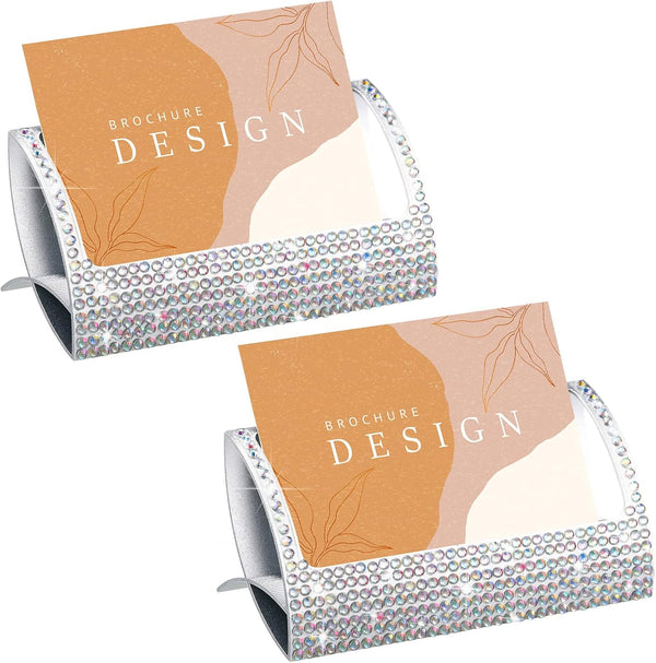 Fuutreo 2 Pcs Bling Aluminum Business Card Holder, AB Color Rhinestone Display Stand for Desk, Business Accessories