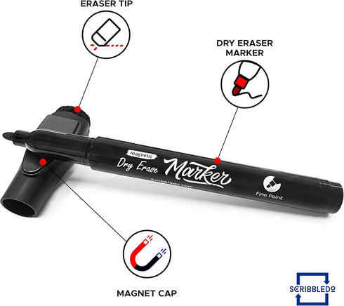 Scribbledo 12 Pack Magnetic Dry Erase Markers, Black Fine Tip with Eraser Cap for Home, School & Office