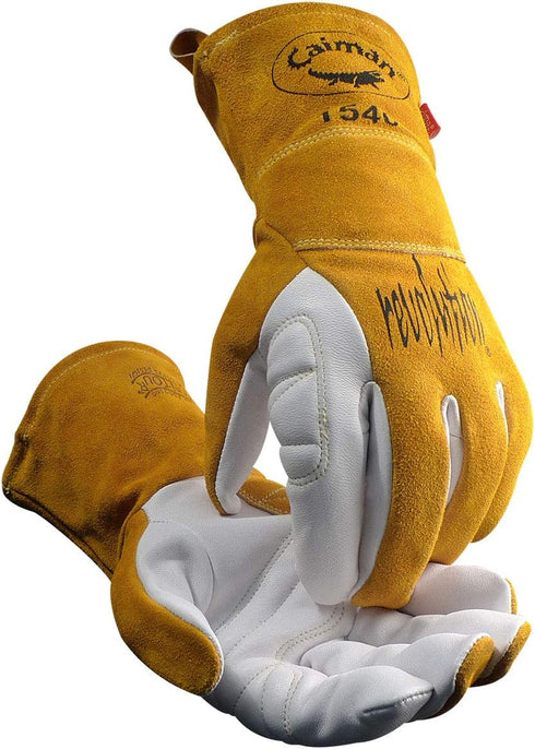 Caiman Premium Goat Grain TIG/Multi-Task Welding Gloves, Split Cowhide Back, 4-Inch Extended Cuff, White/Gold, X-Large