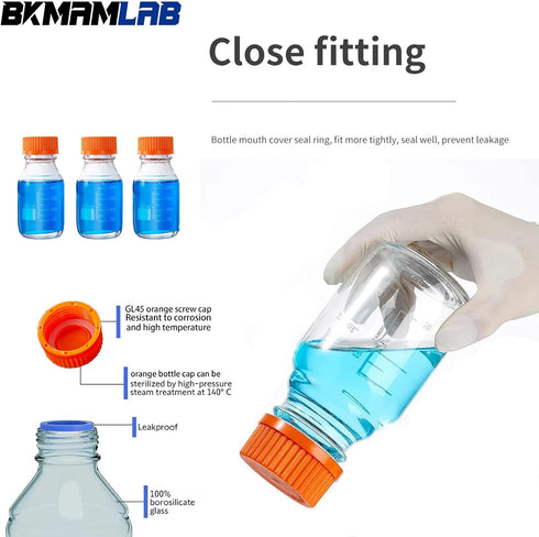 250ml Round Media Storage Bottles Pack of 3, Borosilicate Glass with GL45 Screw Cap, Max Temp 249.8°F