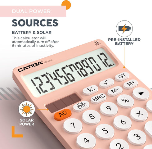 CATIGA 12 Digit Desktop Calculator, Large LCD Display, Round Design Big Button, Solar and Battery Dual Power