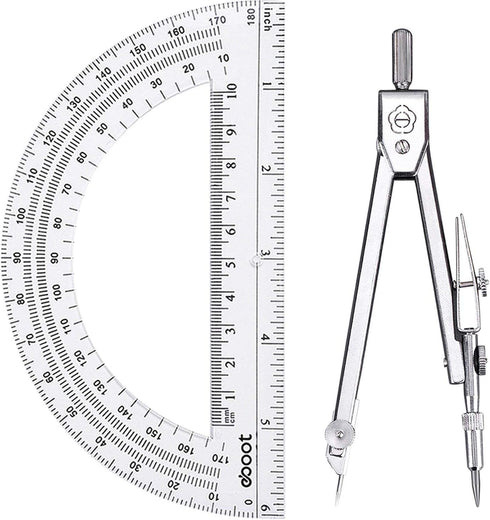 EBOOT Student Geometry Math Set, Drawing Compass and 6 Inch Clear Swing Arm Protractors, Classic Argent Protractor