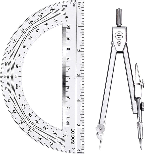 EBOOT Student Geometry Math Set, Drawing Compass and 6 Inch Clear Swing Arm Protractors, Classic Argent Protractor