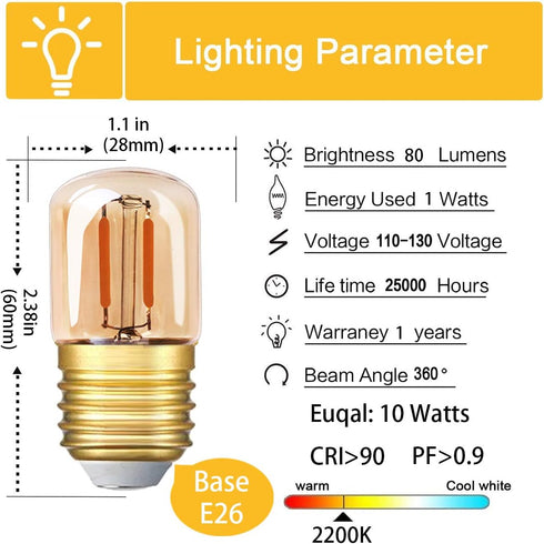 Genixgreen Low Wattage LED Light Bulb 10W Equivalent 1W E26 Mini Dim Edison Bulb Replacement Vintage Refrigerator Freezer Decorative Amber Glass Night Light bulbs,Warm White 2200k,80LM, 6 Pack by Genixgreen