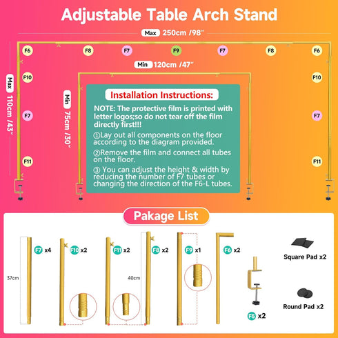 47"-98" 30"-43" Over The Table Rod Stand with Clamps Adjustable Length Height Gold Table Arch Stand Hanging