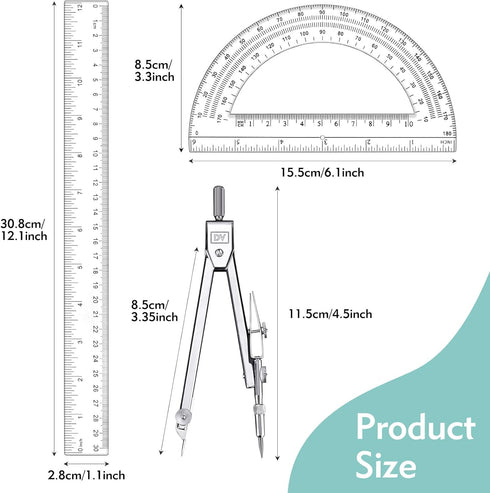 CNTVO 3 12 Inch Set Pcs Plastic Ruler, Clear Protractor and Compasses for Student Geometry, Durable Transparent Drawing