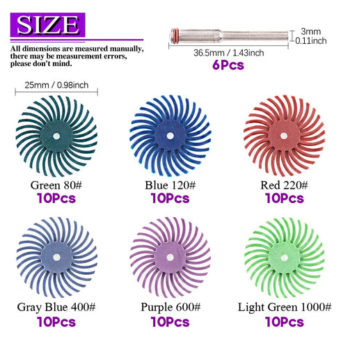 Swpeet 66Pcs 1 Inch Mixed Grit Radial Bristle Disc Abrasive Brush Kit with 1/8" Shank for Rotary Tools