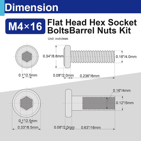 Usdrwam 30 Sets M4 16 mm Barrel Nuts and Bolts, Hex Socket Binding Screws for Furniture, Cabinets, and Cribs Assembly