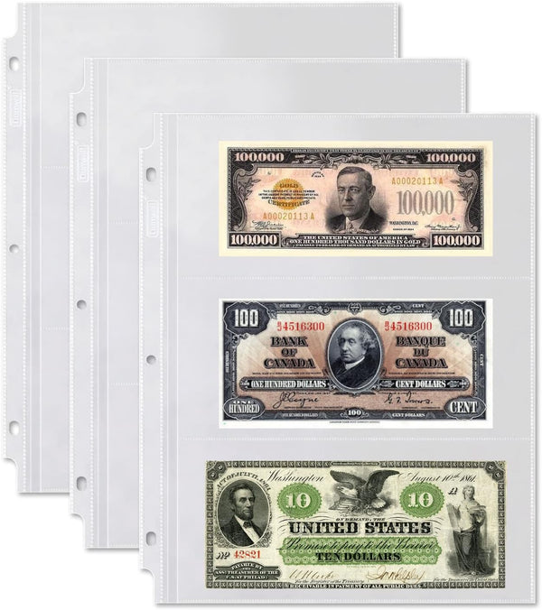 Dunwell Binder Currency Sleeves for Collectors - 25 Pack, Acid-Free 3-Pocket Clear Plastic Refill Pages for Currency