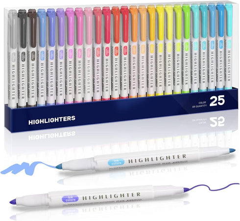 YOOUSOO 25 Pack Pastel Highlighters, Assorted Colours, Dual Tip Bible Highlighter, No Bleed Fluorescent Pens for School