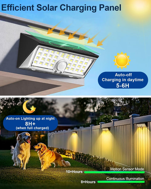 4-in-1 150 4 IP67 Solar Motion Lights Outdoor - Wide Angle, Modes, White & Warm Light, Waterproof, Fence, Wall, Step