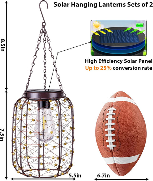 2 Pack Hanging Solar Lanterns Outdoor Waterproof, Vintage Copper Hanging Lantern Lights for Outside, Solar Chandelier