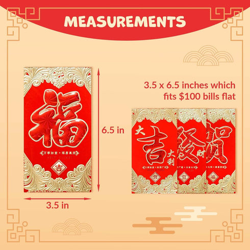 Chinese New Year Red Envelopes - 24-Count, Hong Bao with Gold and Red Foil Design, Gift Money Envelopes, 4 Designs.