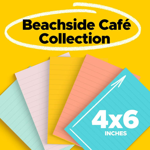 Post-it Notes, 4 in x 6 in, 5 Lined Sticky Note Pads, 100 Sheets per Pad, Beachside Café Collection