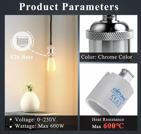 E26 600 6 Packs (6 DiCUNO Edison Vintage Lamp Socket, Pendant Lamp Holder, Light Sockets Replacement, Antique Look