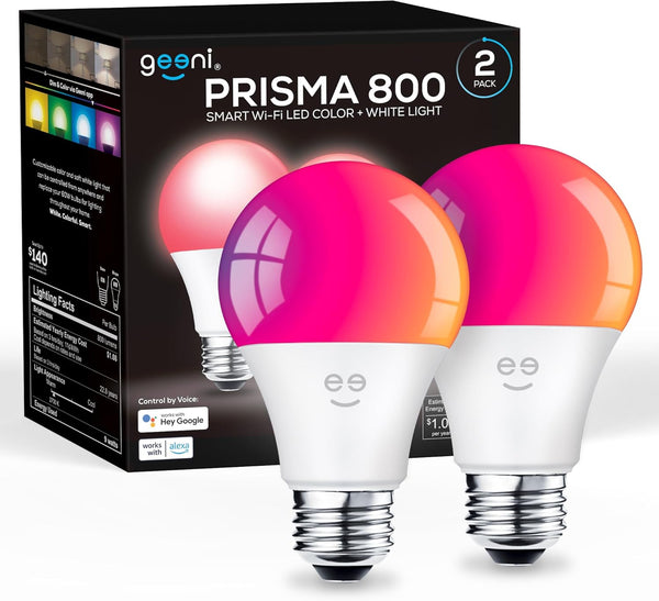 Geeni Prisma Smart Light Bulbs 2-Pack, Color Changing RGBW LED, A19, 800