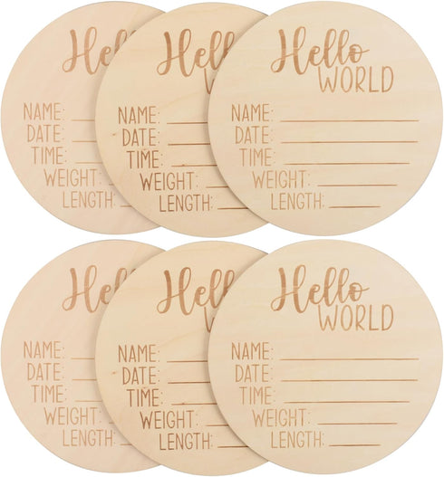 Hello World Wooden Birth Announcement Disc, Premium Birch Wood Round Plaque with
