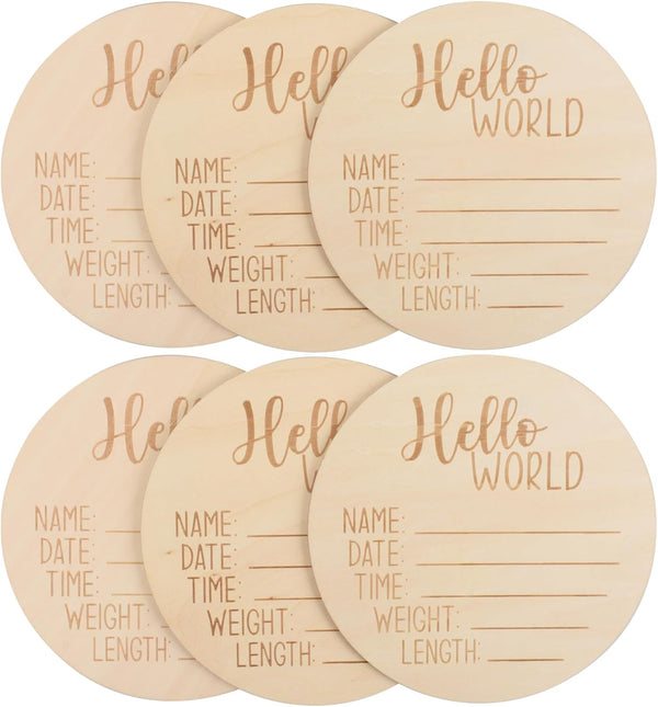 Hello World Wooden Birth Announcement Disc, Premium Birch Wood Round Plaque with