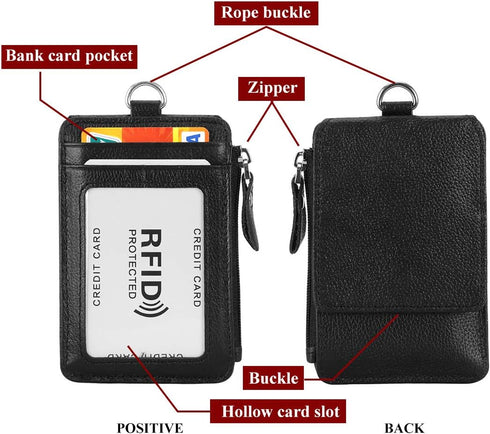 Black Genuine Leather Badge Holder with Zipper, RFID Keychain Wallet Neck Lanyards and Swivel Hook for Card/Coin/Cash