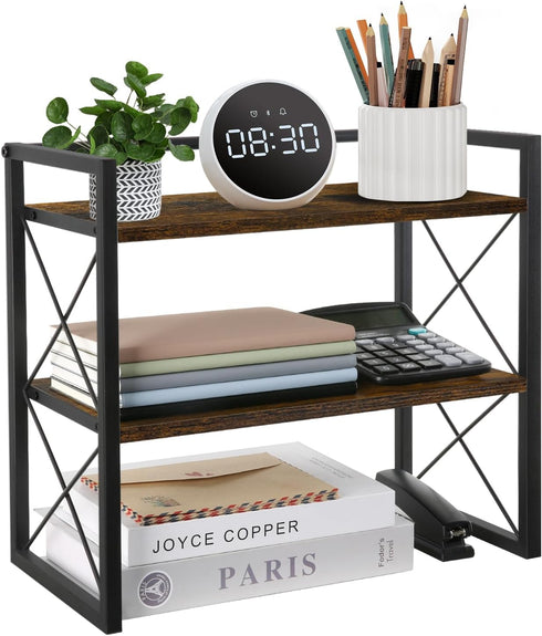 YINMIT Desktop Shelf Organizer - 2 Tier Wood Desk Storage Rack and Freestanding Display Shelf for Office, Home,