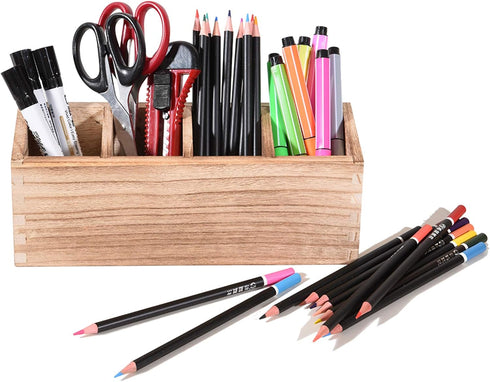 Wooden Pen Pencil Holder for Desk, 4 Compartment Rustic Rectangular Organizer, Multi-Purpose Use for Home School Office