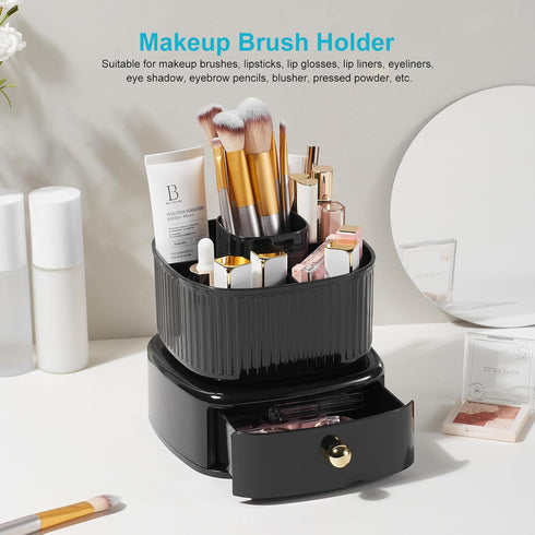 Desk Organizer with Drawer, 5 Slots 360 Degree Rotating Pencil Pen Holder for Office Accessories, Black