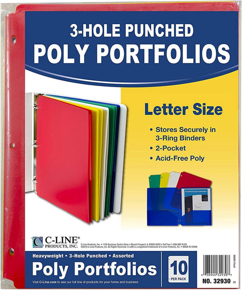 C-Line Two-Pocket Heavyweight Poly Portfolio Folder, 3-Hole Punch, 11 X 8.5, Assorted, 10/Pack by C-Line